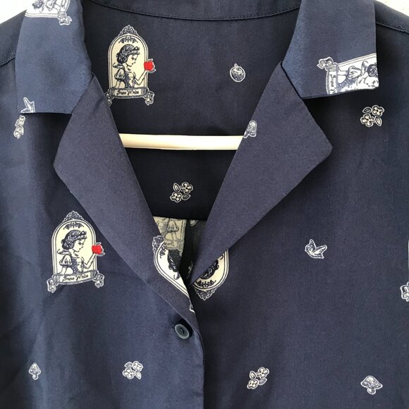 Disney Uniqlo snow white pajamas women's M navy/white button top princess satin - Picture 2 of 9